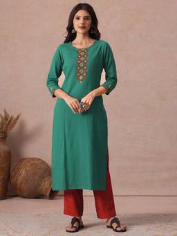 Kami Kubi - Women'S Cotton Embroidered Green Kurta