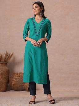 Kami Kubi - Women'S Cotton Floral Turquoise Kurta