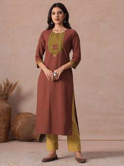 Kami Kubi - Women'S Cotton Embroidered Rust Kurta