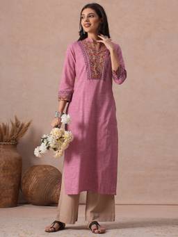 Kami Kubi - Women'S Cotton Stripes Pink Kurta