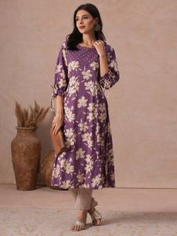 Kami Kubi - Women'S Cotton Floral Purple Kurta