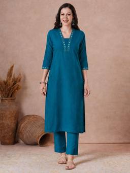 Kami Kubi - Women'S Cotton Embroidered Teal Kurta