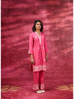 Lakshita - Nayaab Watermelon Pink Embroidered Cotton Kurta with Palazzo For Women (Set of 2)