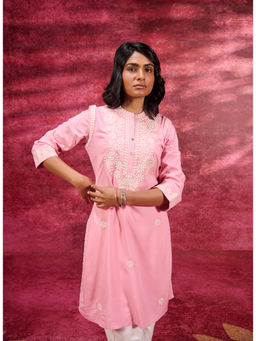 Lakshita - Saadgi Carnation Pink Embroidered Cotton Linen Tunic For Women