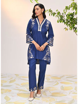 Lakshita - Aira Watermelon Indigo Embroidered Cotton Linen Co-Ord For Women (Set of 2)
