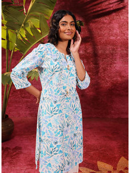 Lakshita - Fida Turquoise Cotton Linen Printed Kurta for Women