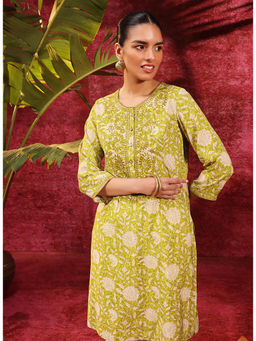 Lakshita - Bloom Leaf Green Printed Chanderi Kurta for Women