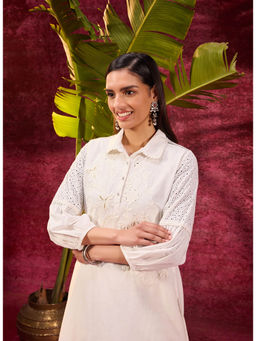 Lakshita - Kyla Basil Ivory Embroidered Cotton Linen Tunic for Women