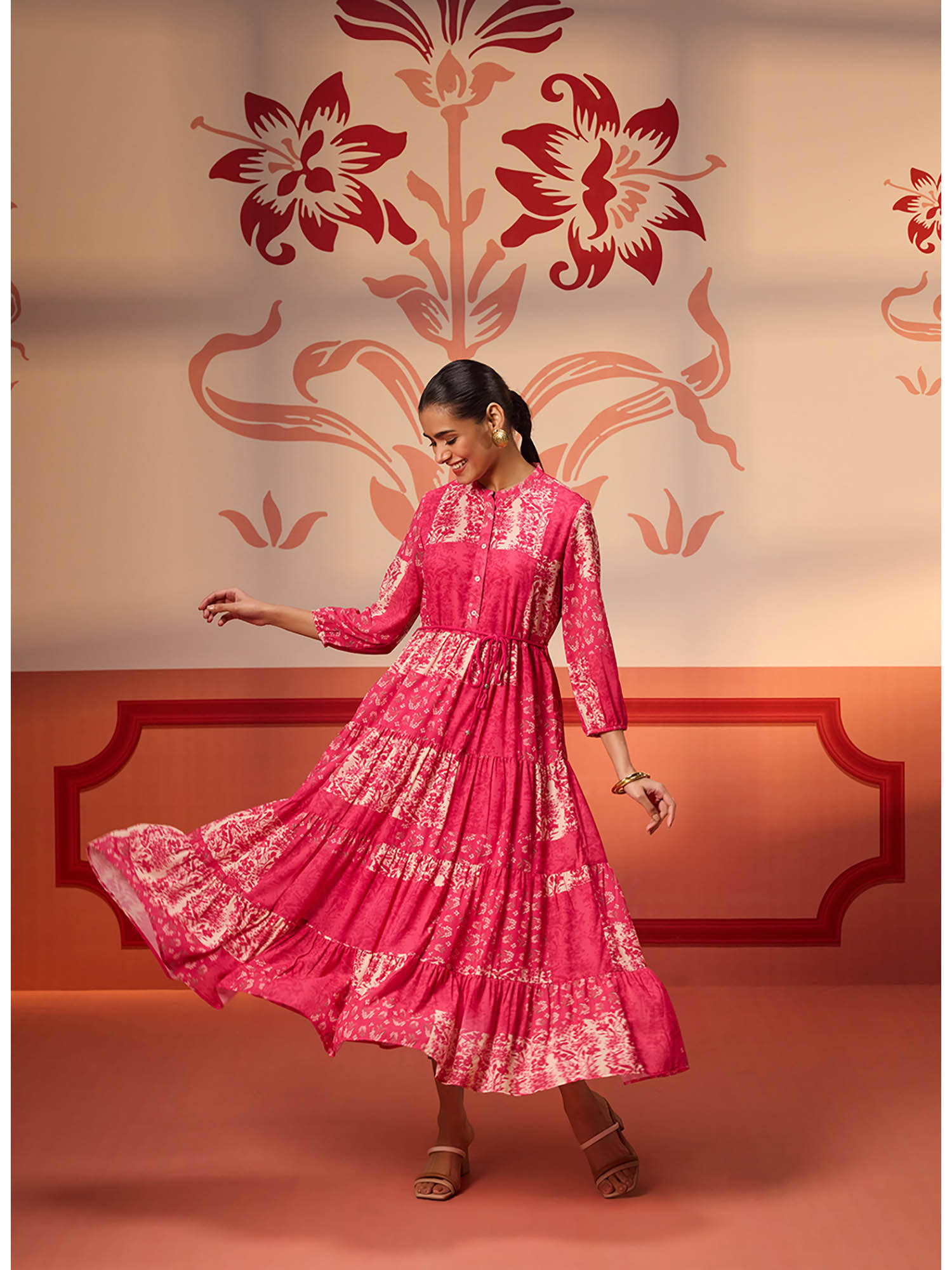 Buy Lakshita Rinaz Fuchsia Pink Printed Viscose Georgette Indo
