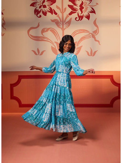 Buy Lakshita Rinaz Blue Printed Viscose Georgette Indo-western Dress for  Women Online