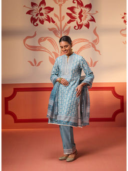 Lakshita - Fiona Smokey Blue Printed Cotton Linen Kurta with Pant with Dupatta (Set of 3)