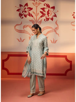 Lakshita - Fiona Grey Printed Cotton Linen Kurta with Pant and Dupatta (Set of 3)