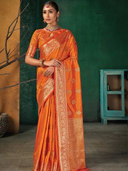 Odette - Womens Orange Silk Blend Woven Design Saree with Unstitched Blouse