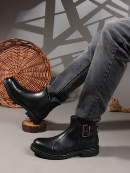 Carlton London - Black Solid Round Toe Mid-Top Men Chelsea Boots