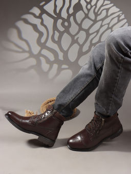 Carlton London - Brown Solid Round Toe Mid-Top Men Casual Boots