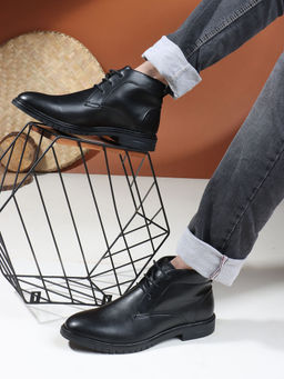 Carlton London - Black Solid Round Toe Mid-Top Men Casual Boots