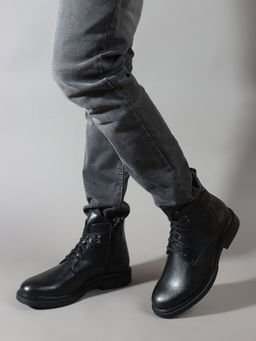 Carlton London - Black Solid Round Toe Mid-Top Men Casual Boots