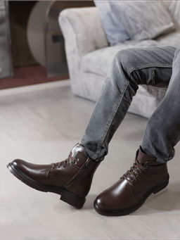Carlton London - Brown Solid Round Toe Mid-Top Men Casual Boots