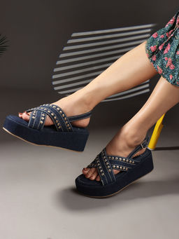 Carlton London - Navy Blue Embellished Backstrap Platform Sandal Heels