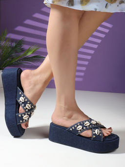 Carlton London - Navy Blue Embellished Open Back Platform Sandal Heels