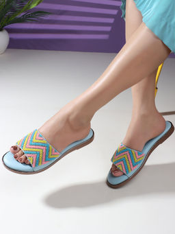 Carlton London - Sky Blue Embellished Slip-On Party Wear Open Toe Flats