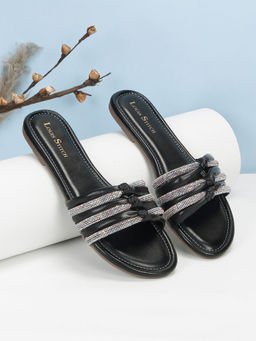 Louis Stitch - Women Black Open Toe Glitter Strap Lightweight Flats