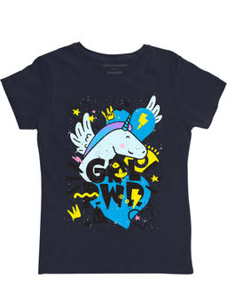 THREADCURRY - Fly Like Unicorn Girls Creative Graphic Printed T-Shirt - Navy