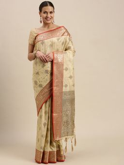 Sangam Prints - Cream Banarasi Silk Zari Work Tassle Saree with Unstitched Blouse with Unstitched