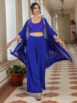 Kasya - Blue Co-Ord Palazzo With Embroidered Jaal On Crop Top (Set of 3)