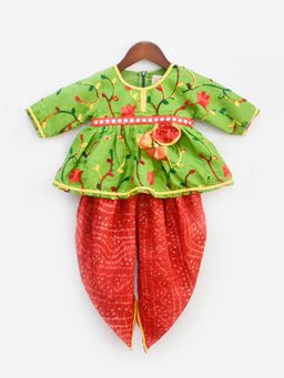 Fayon Kids - Green Embroidery Peplum With Red Dhoti