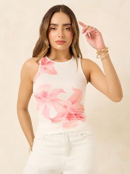 Styli - Women Orange Floral Printed Round Neck Sleeveless Fitted Top