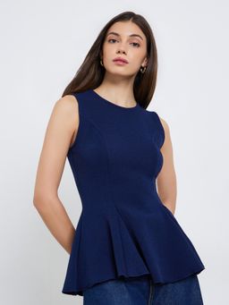 Styli - Women Navy Blue Solid Crew Neck Sleeveless Regular Fit Peplum Top