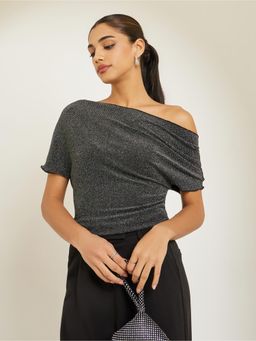 Styli - Women Black Solid One-Shoulder Short Sleeves Fitted Party Top