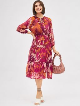 Kibo - Womens Chiffon Wine Colored Floral 2-Tiered Midi Dress