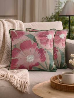 BELIHODE - Pink Aurora Bloom Rose Glow Embroidered Cushion Cover (16 x 16 Inches)