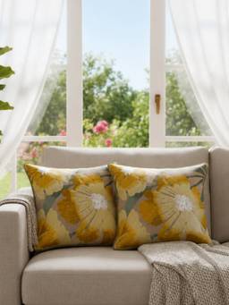 BELIHODE - Yellow Aurora Bloom Sunbeam Embroidered Cushion Cover (16 x 16 Inches)