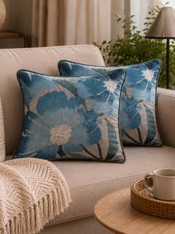BELIHODE - Aurora Bloom Arctic Blue Embroidered Cushion Cover (16 x 16 Inches)