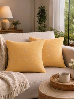 BELIHODE - Yellow Botanical Bliss - Lemon Haze Embroidered Cushion Cover (16 x 16 Inches)