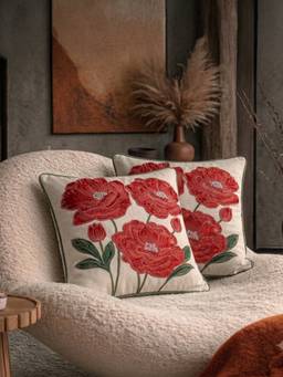 BELIHODE - Botanic Charm Crimson Ember Hand Embroidered Cushion Cover (16 x 16 Inches)