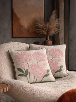 BELIHODE - Pink Botanic Charm Blush Veil Hand Embroidered Cushion Cover (16 x 16 Inches)