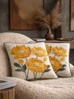 BELIHODE - Yellow Botanic Charm Golden Nectar Hand Embroidered Cushion Cover (16 x 16 Inches)