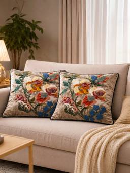 BELIHODE - Beige Floral Canvas Hand Embroidered Cushion Cover (16 x 16 Inches)