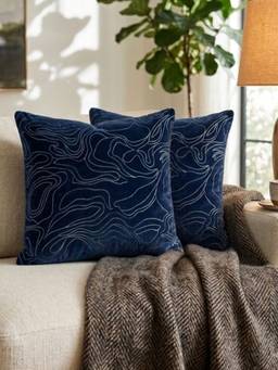 BELIHODE - Navy Blue Driftlines Embroidered Cushion Cover (16 x 16 Inches)