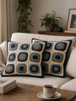 BELIHODE - Beige Loomie Grid Hand Crafted Cushion Cover (16 x 16 Inches)
