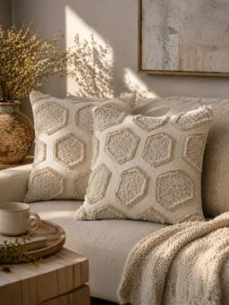 BELIHODE - Beige Frayed Contour Hand Crafted Cushion Cover (16 x 16 Inches)