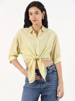 SHOWOFF - Women Green Solid Front Knot Crop Shirt