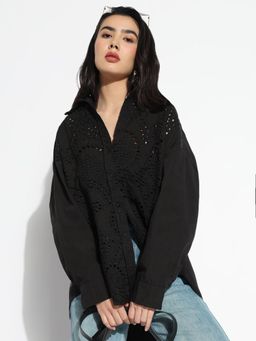 SHOWOFFFF - Women Edition Oversized Black Solid Schiffli Shirt