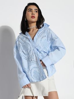 SHOWOFF - Women Edition Oversized Blue Solid Schiffli Shirt