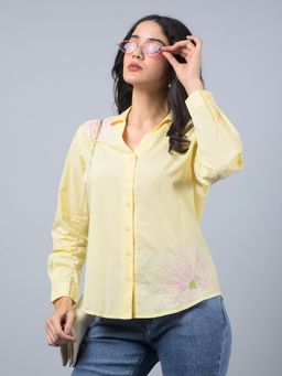 CRIMSOUNE CLUB - Women Yellow Embroidered 100% Cotton Shirt