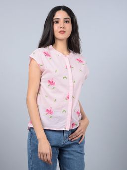 CRIMSOUNE CLUB - Women Pink Embroidered 100% Cotton Shirt